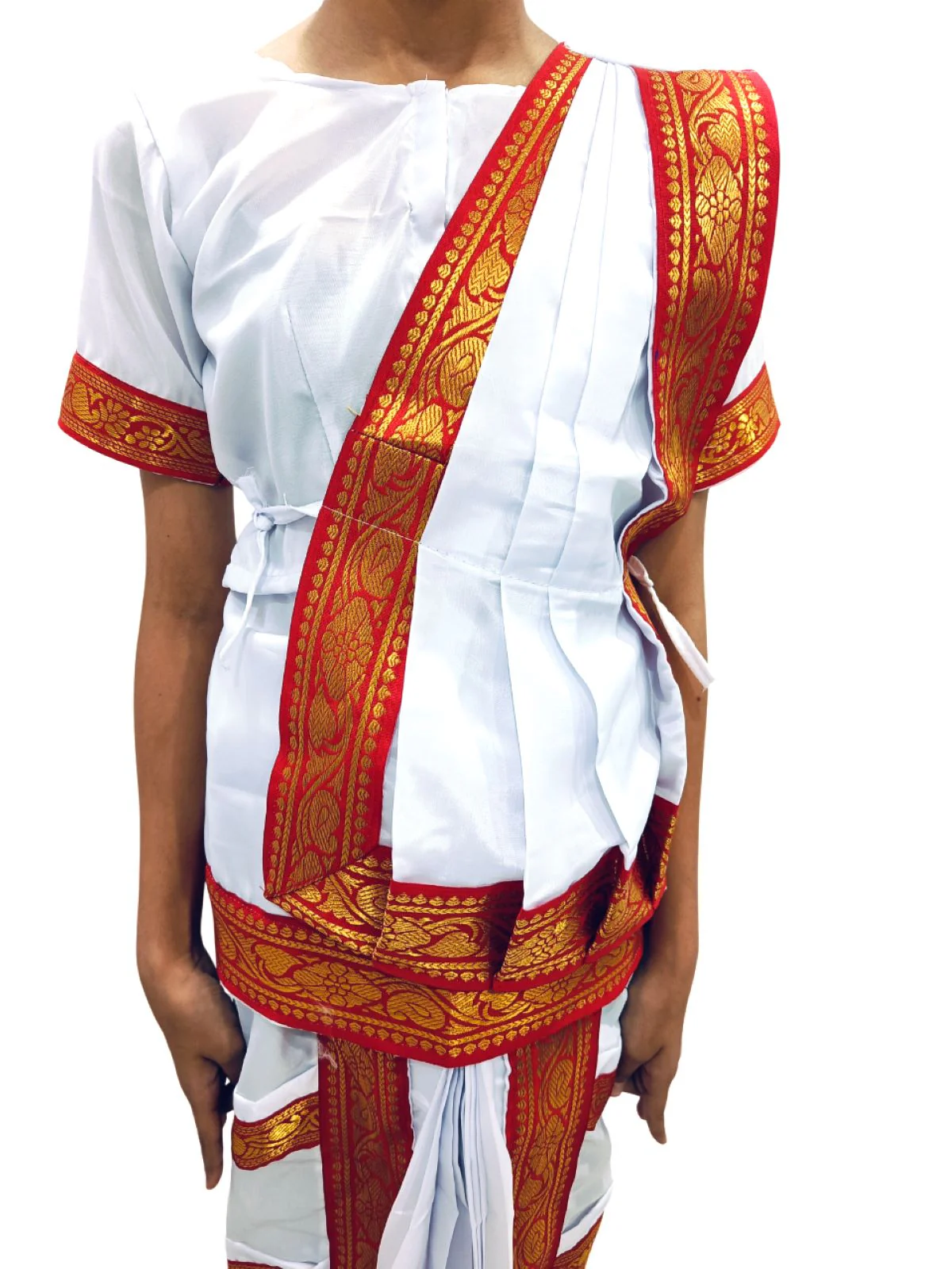 Red & White Bharatanatyam Saree Indian Classical Dance Costume for Girls | Kids & Adult Fancy Dress Costume - Image 7