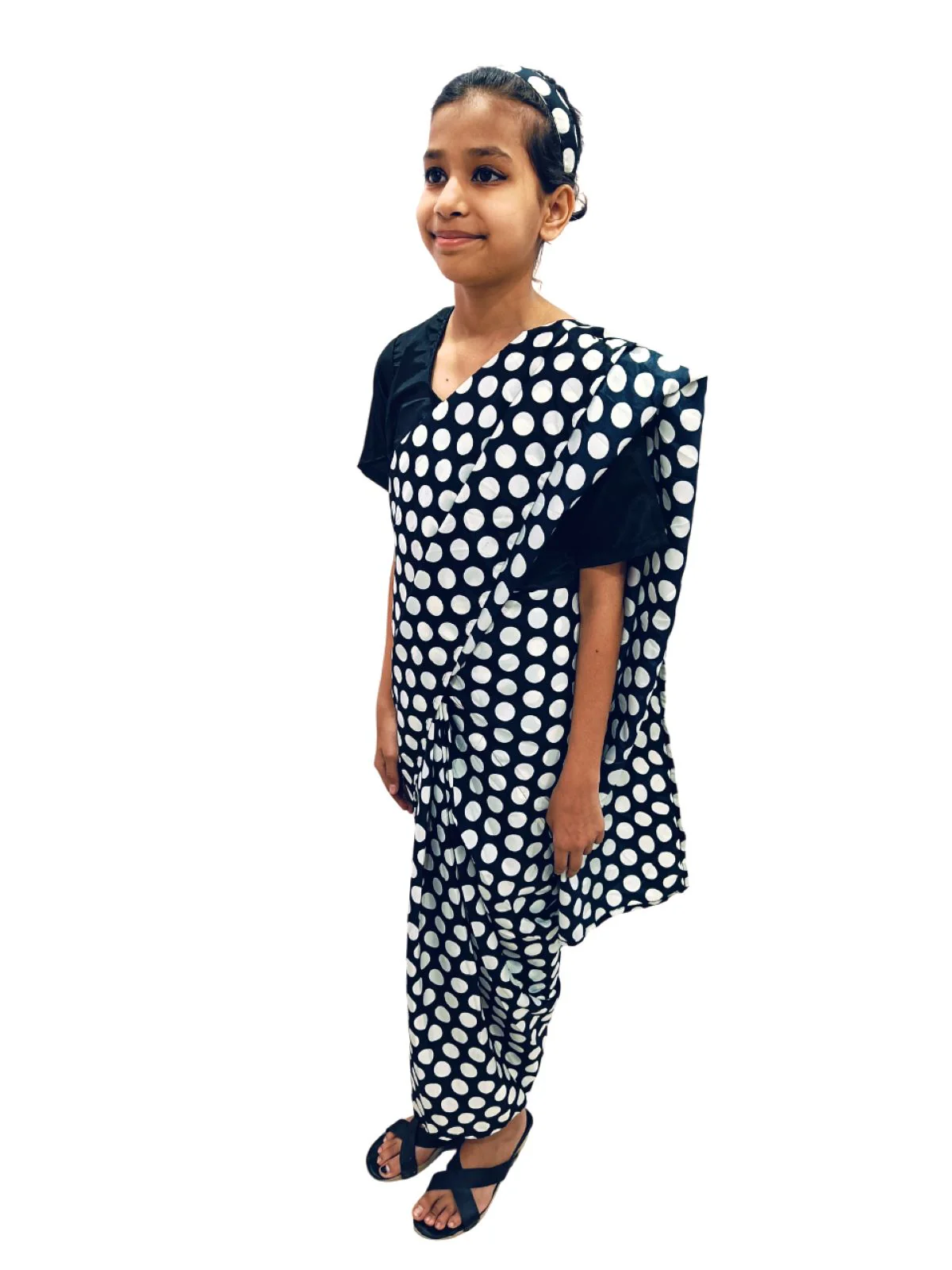 Black Retro Polka Dot Saree Costume for Girls | Ready-to-Wear Saree with Blouse & Hairband | 70s Bollywood Fancy Dress for Theme Parties & School Functions - Image 3