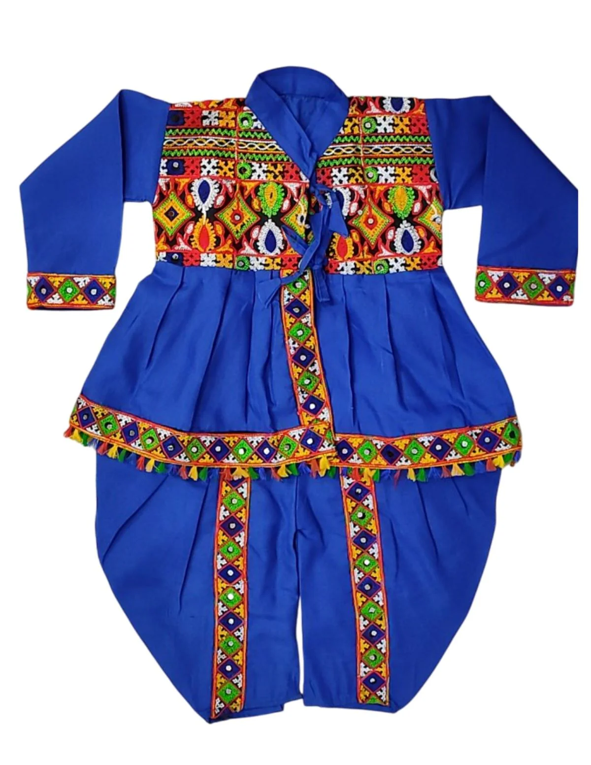 Blue Gujarati Kedia with Dhoti & Turban Cap With A Pair of Dandiya Sticks – Traditional Outfit with State Artwork & Gota Work for Navratri & Festivals | Gujarat Fancy Dress Costume For Kids & Adults - Image 5