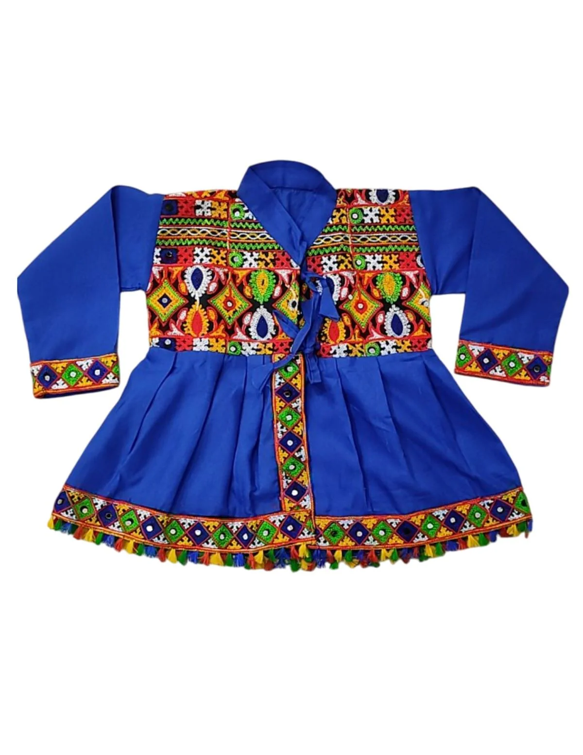Blue Gujarati Kedia with Dhoti & Turban Cap With A Pair of Dandiya Sticks – Traditional Outfit with State Artwork & Gota Work for Navratri & Festivals | Gujarat Fancy Dress Costume For Kids & Adults - Image 6
