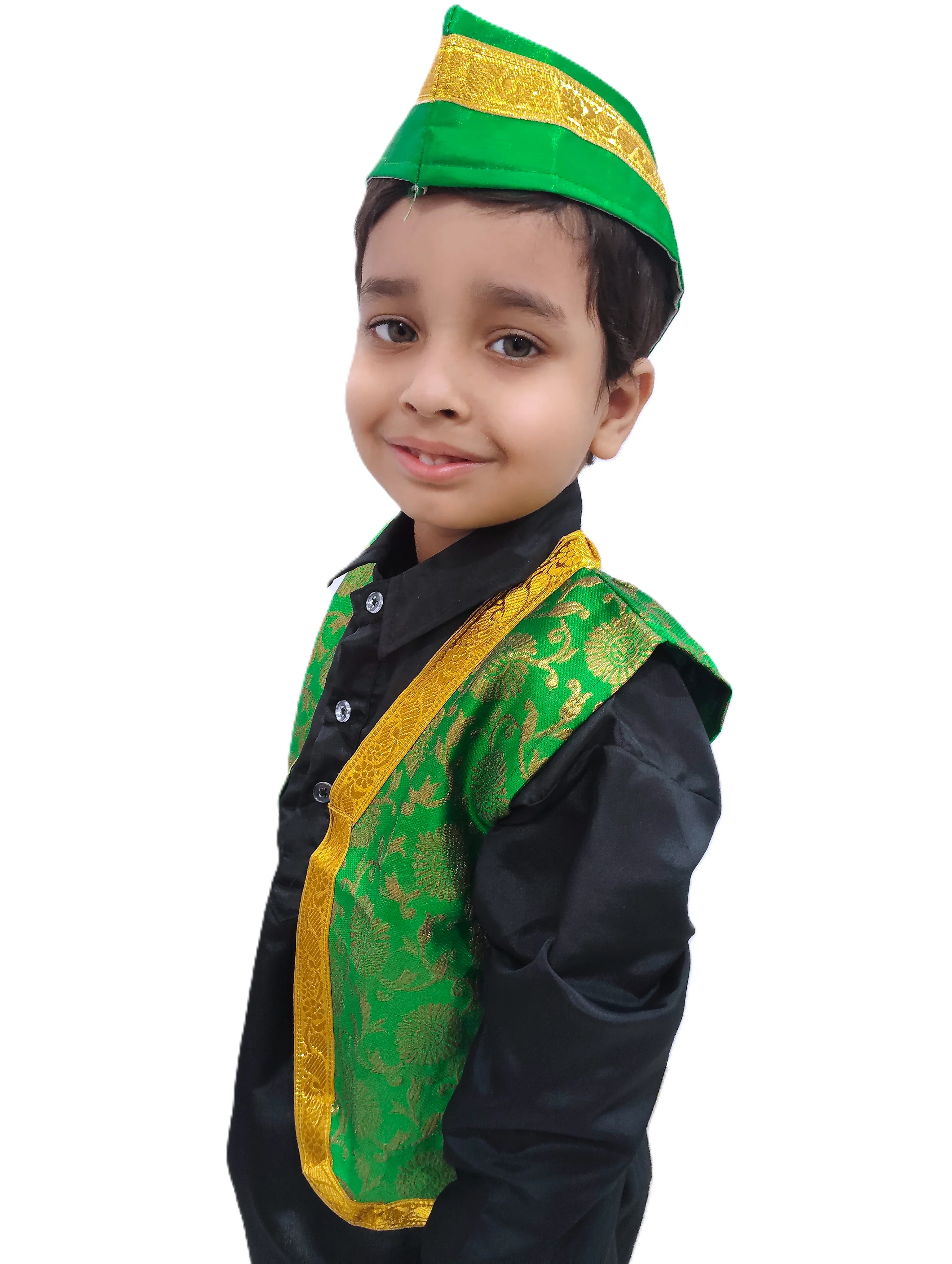 Green Qawwali Jacket & Cap Combo for Kids | Green Embroidered Ethnic Fancy Dress Costume | Sufi Singer Kurta Style Waistcoat & Head Cap for Theme Parties & Stage Shows - Image 2