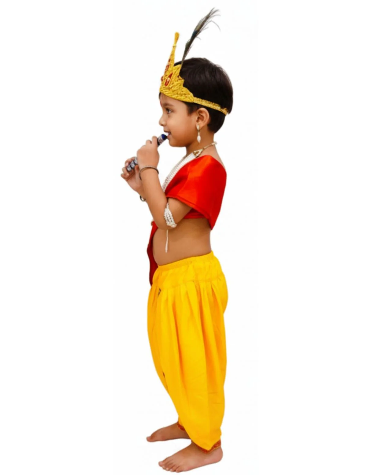Krishna Yellow Costume Dhoti & Red Patka with Light Pearl Jewellery and Mukut Set - Janmashtami Dress Costume for Baby Kanha Laddu Gopal - Boys & Girls - Image 4