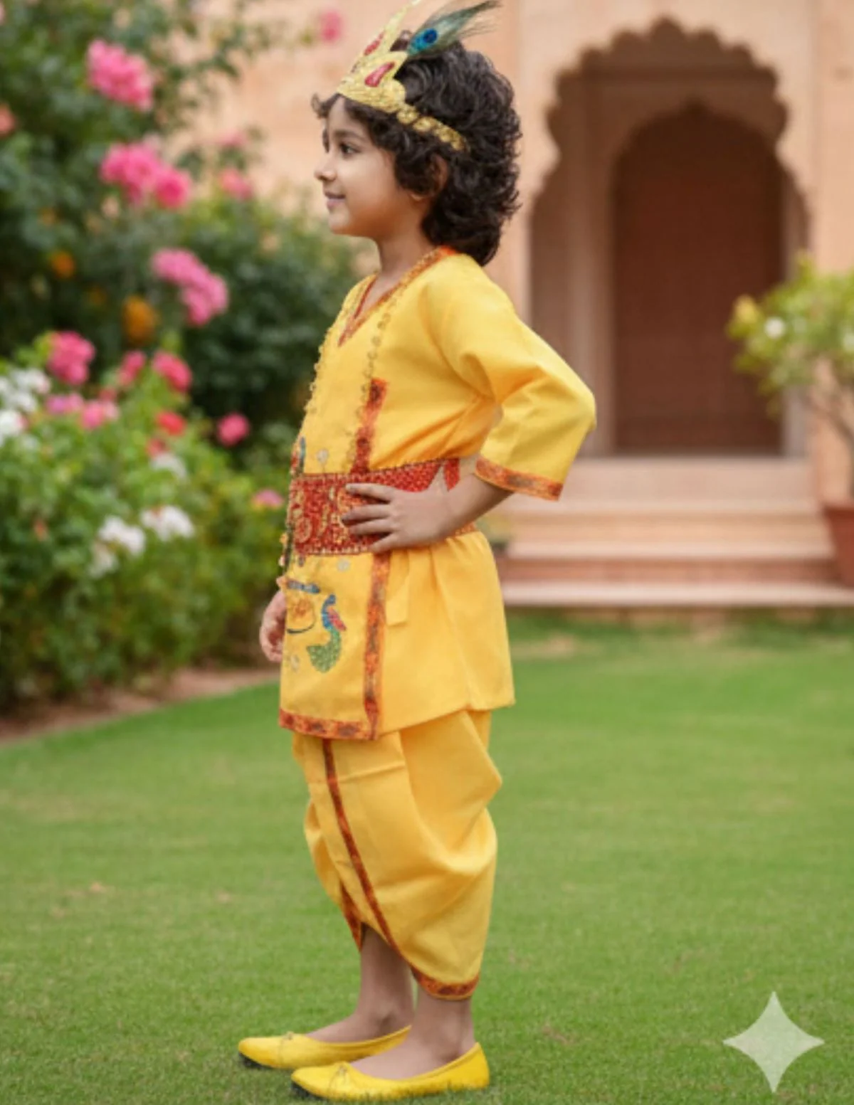 Krishna Dress for Baby Boy | Print Shri Krishna Costume for Kids with Patka, Flute, Mukut & Mala | Janmashtami Photoshoot Outfit | Fancy Dress RolePlay Costume for Kids - Image 3