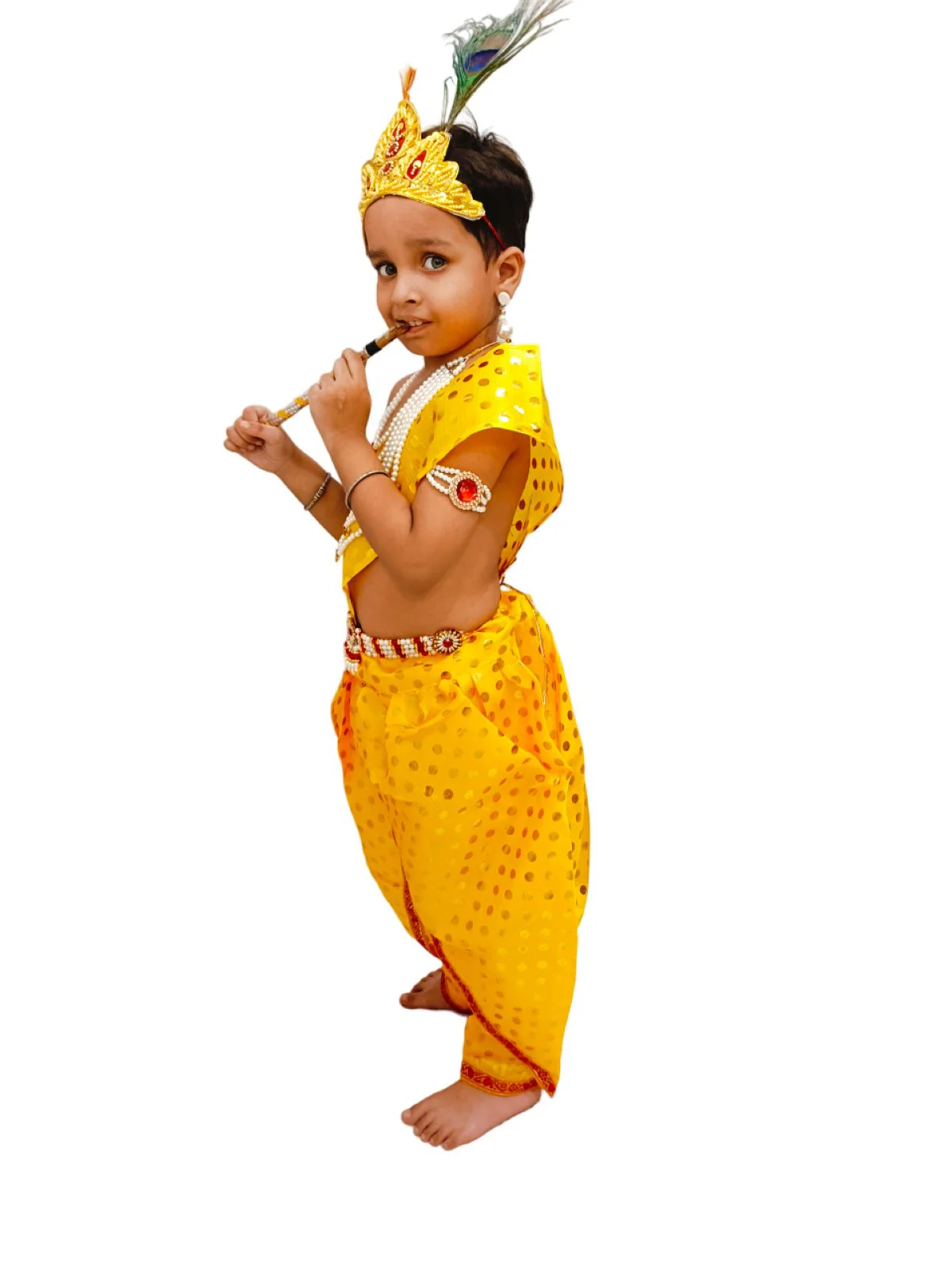 Krishna Yellow Polka Dot Costume Dhoti Patka with Heavy Pearl Jewellery and Mukut Set - Janmashtami Dress Costume for Baby Kanha - Boys & Girls - Image 4