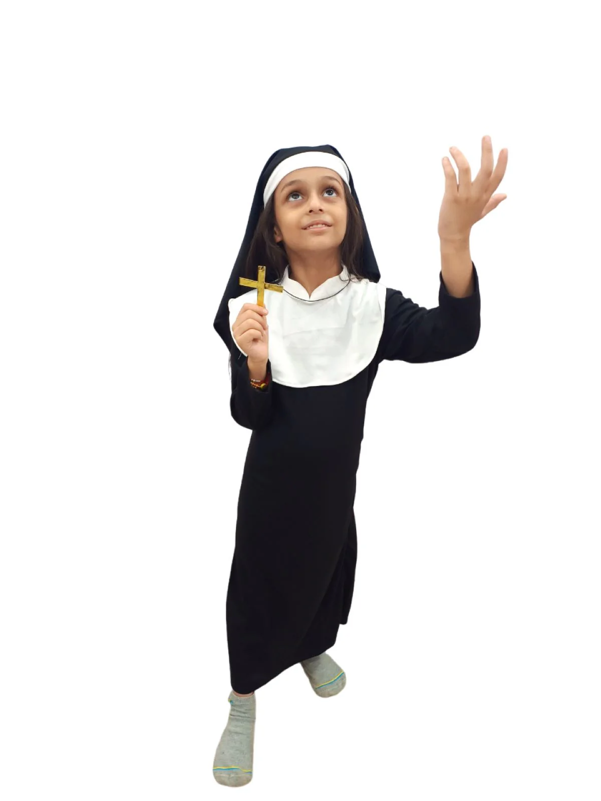Nun Costume Religious Catholic Sister Halloween Costume Black and White Nun Dress with Collar Hood Church Cross Necklace for Girls Kids
