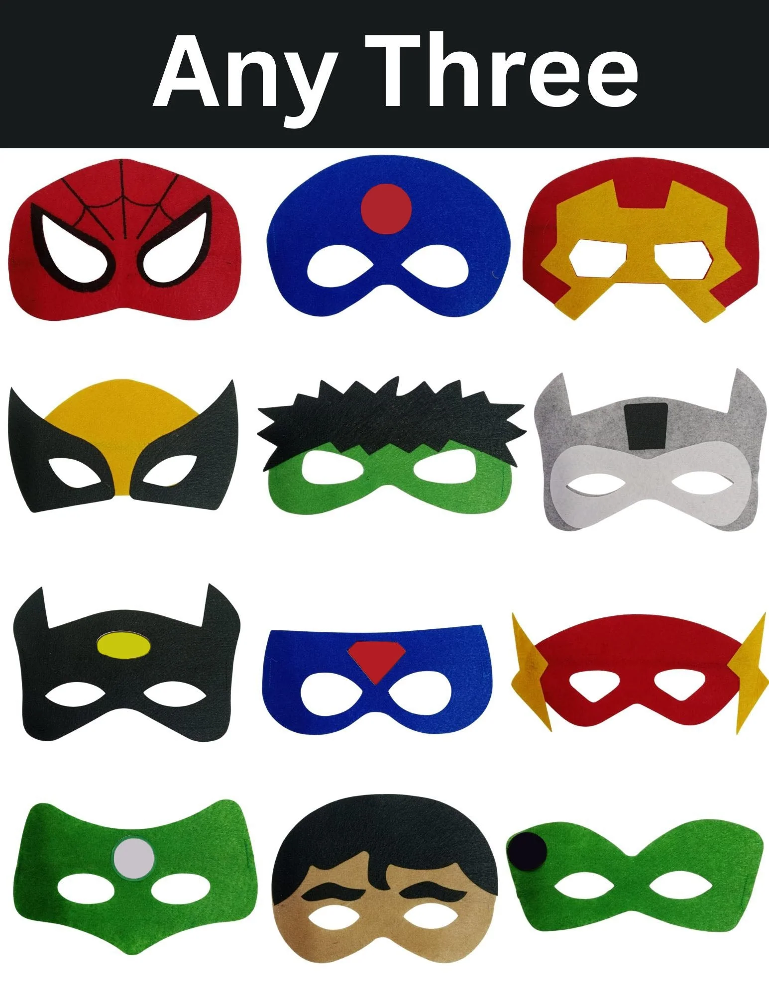 Pack of 3 Assorted Superhero Felt Eye Masks for Kids | Dress-Up Party Props with Elastic Strap | Fancy Dress, Birthday & Halloween Theme Decoration
