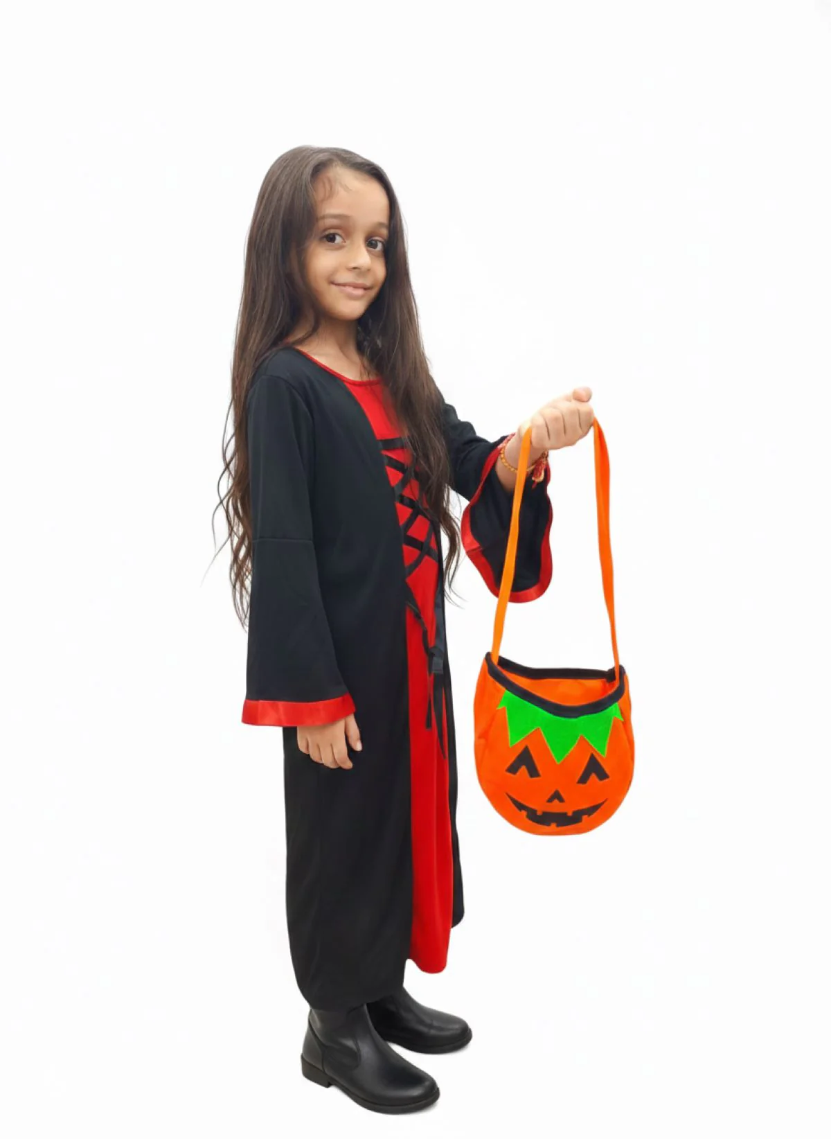 Red and Black Halloween Costume for Girls | Witch Costume for Girls Gown with Scary Attached Hood and Pumpkin Basket Combo - Image 2