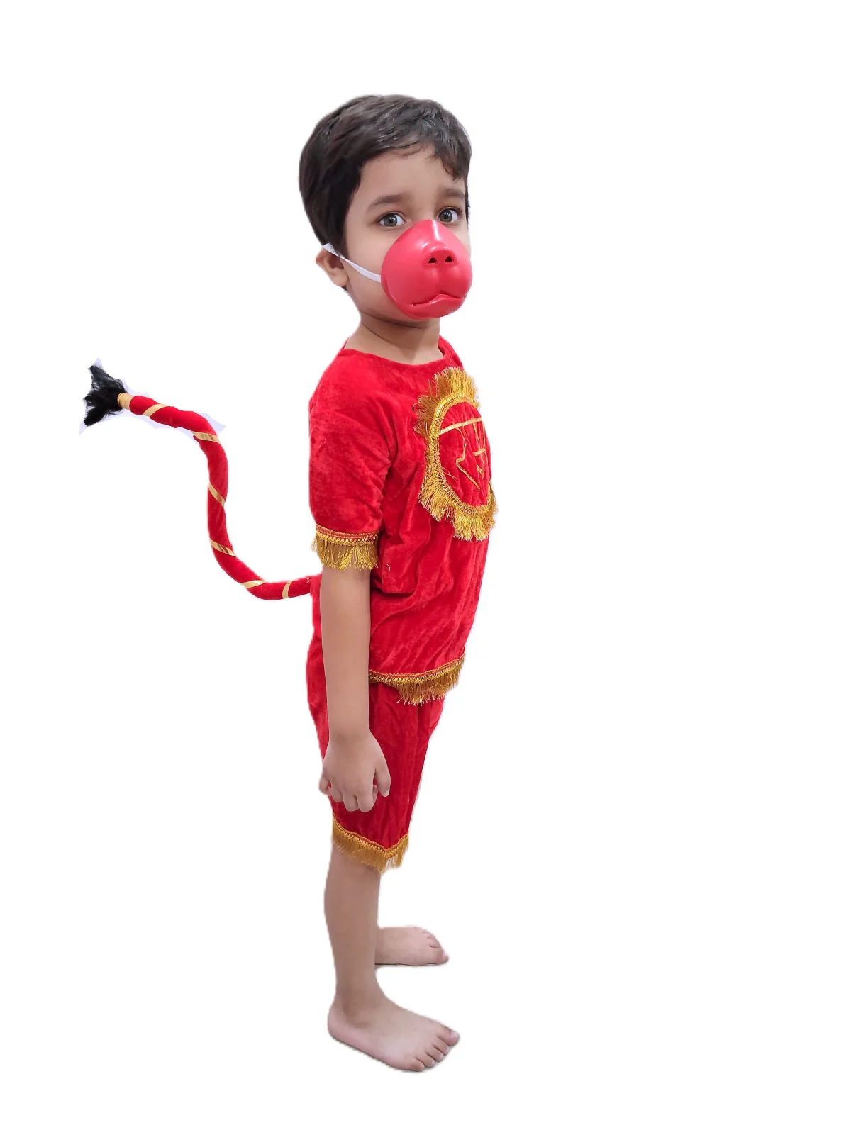 Vanar Sena Costume for Kids – Red Top & Shorts with Hanuman Face Mask & Tail | Hanuman Getup for Kids Fancy Dress Outfit for Annual Functions & Mythological Themes - Image 2