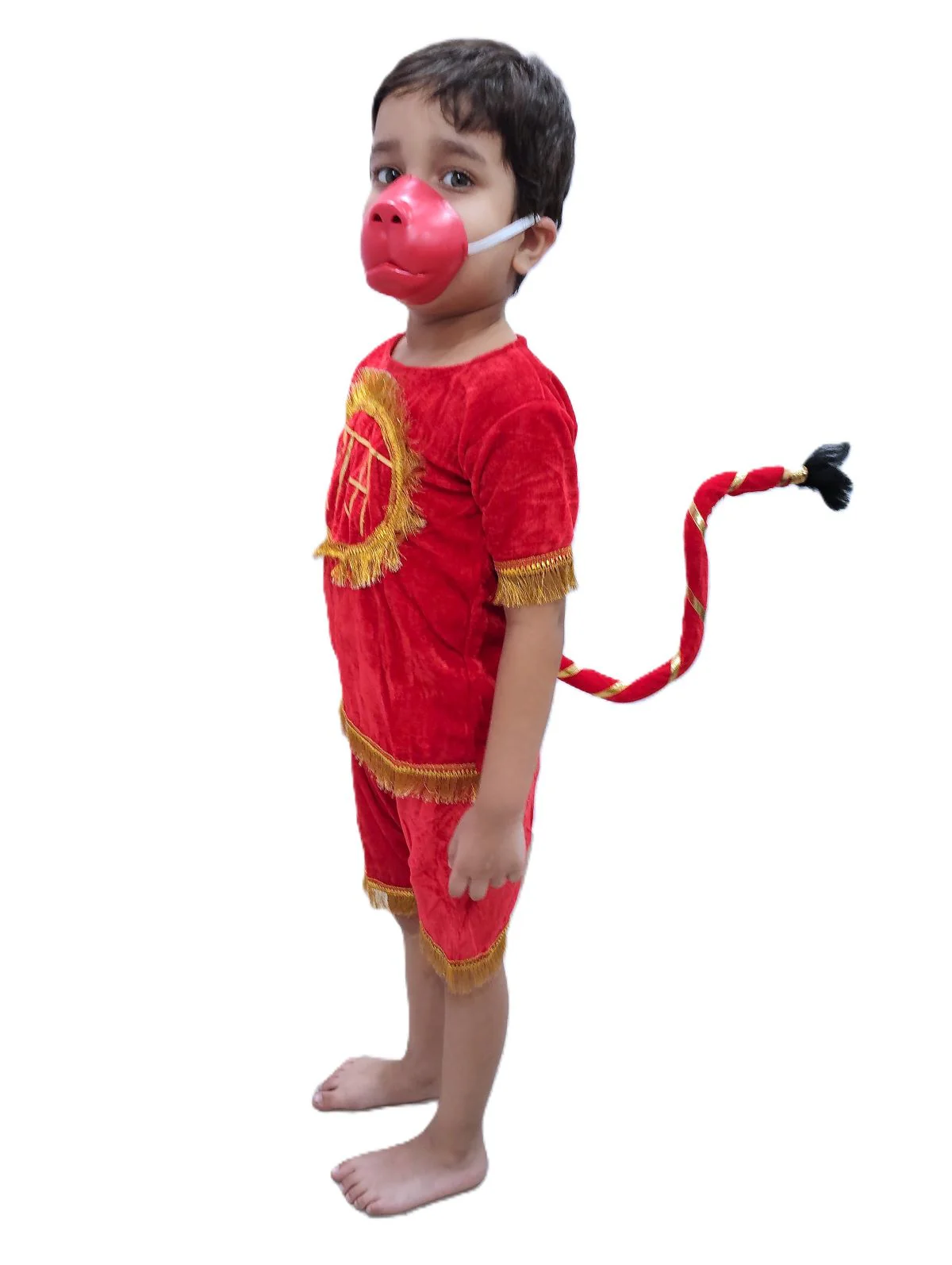 Vanar Sena Costume for Kids – Red Top & Shorts with Hanuman Face Mask & Tail | Hanuman Getup for Kids Fancy Dress Outfit for Annual Functions & Mythological Themes - Image 4