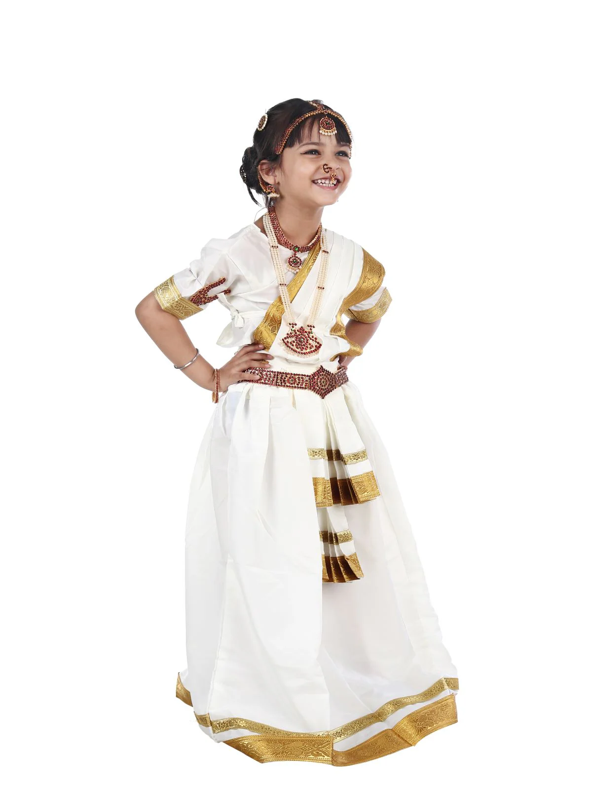 Mohiniyattam Saree Indian Classical Dance Costume for Girls and Women with 10 Pcs Jewellery Set - Image 3