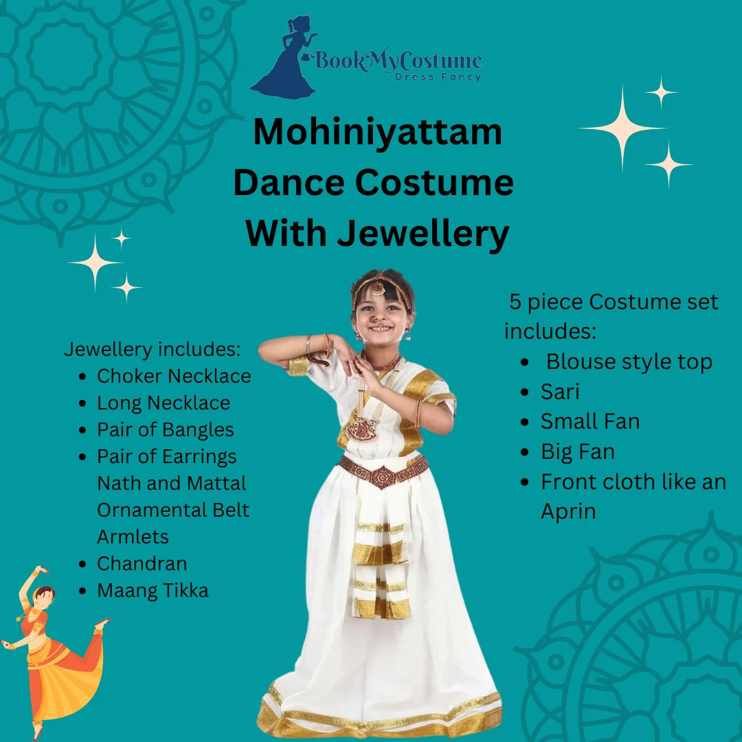 Mohiniyattam Saree Indian Classical Dance Costume for Girls and Women with 10 Pcs Jewellery Set - Image 4
