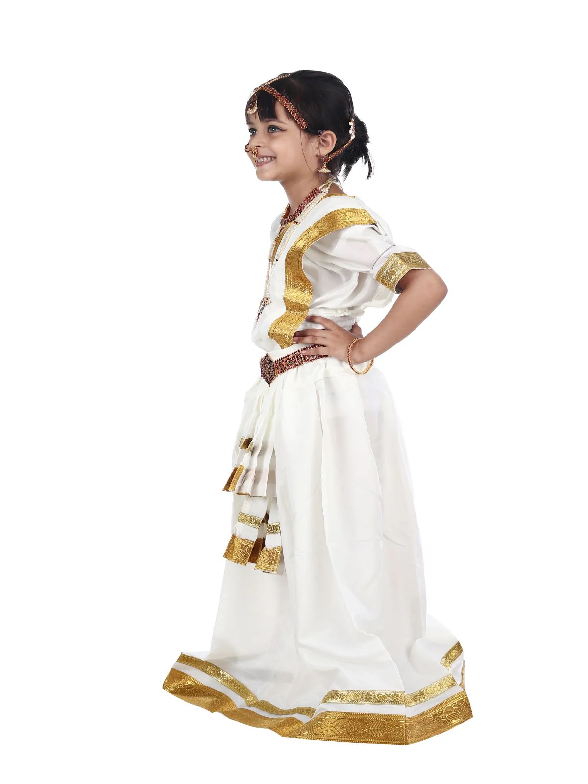 Mohiniyattam Saree Indian Classical Dance Costume for Girls and Women with 10 Pcs Jewellery Set - Image 6