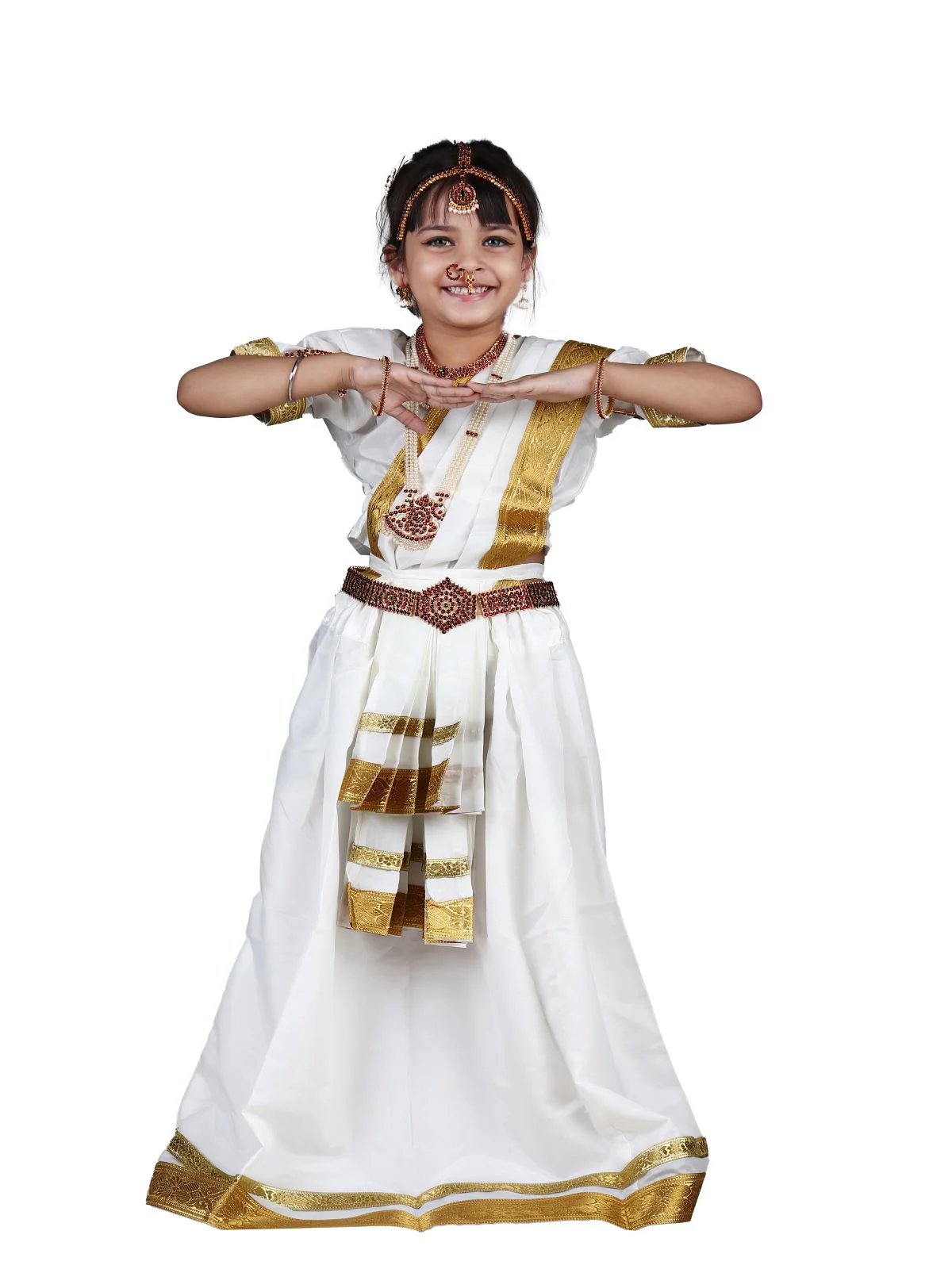 Mohiniyattam Saree Indian Classical Dance Costume for Girls and Women with 10 Pcs Jewellery Set - Image 7