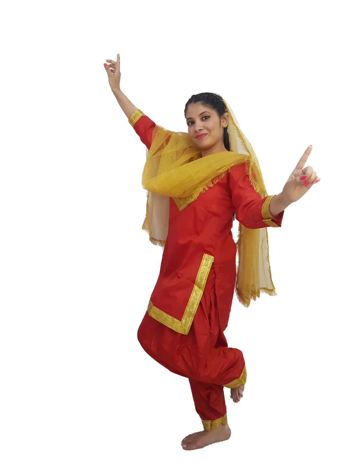 Punjabi Giddha Baisakhi Folk Dance Costume for Girls and Females | Golden & Red | Without Jewellery - Image 4