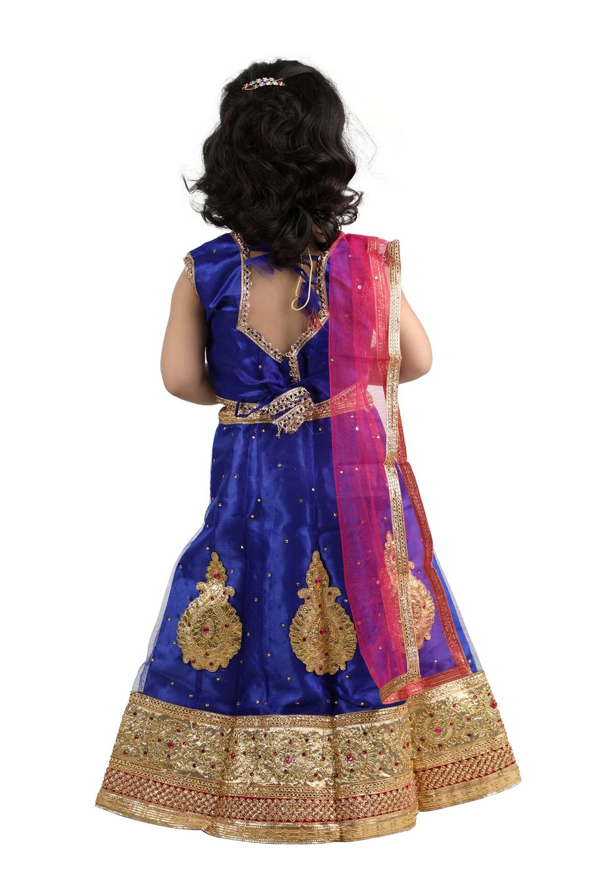 Radha Garba Lehenga Choli Kids Fancy Dress Costume for Girls with Jewellery - Premium - Blue - Image 4