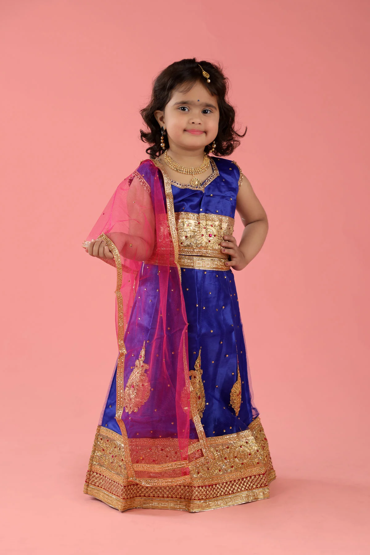 Radha Garba Lehenga Choli Kids Fancy Dress Costume for Girls with Jewellery - Premium - Blue - Image 7