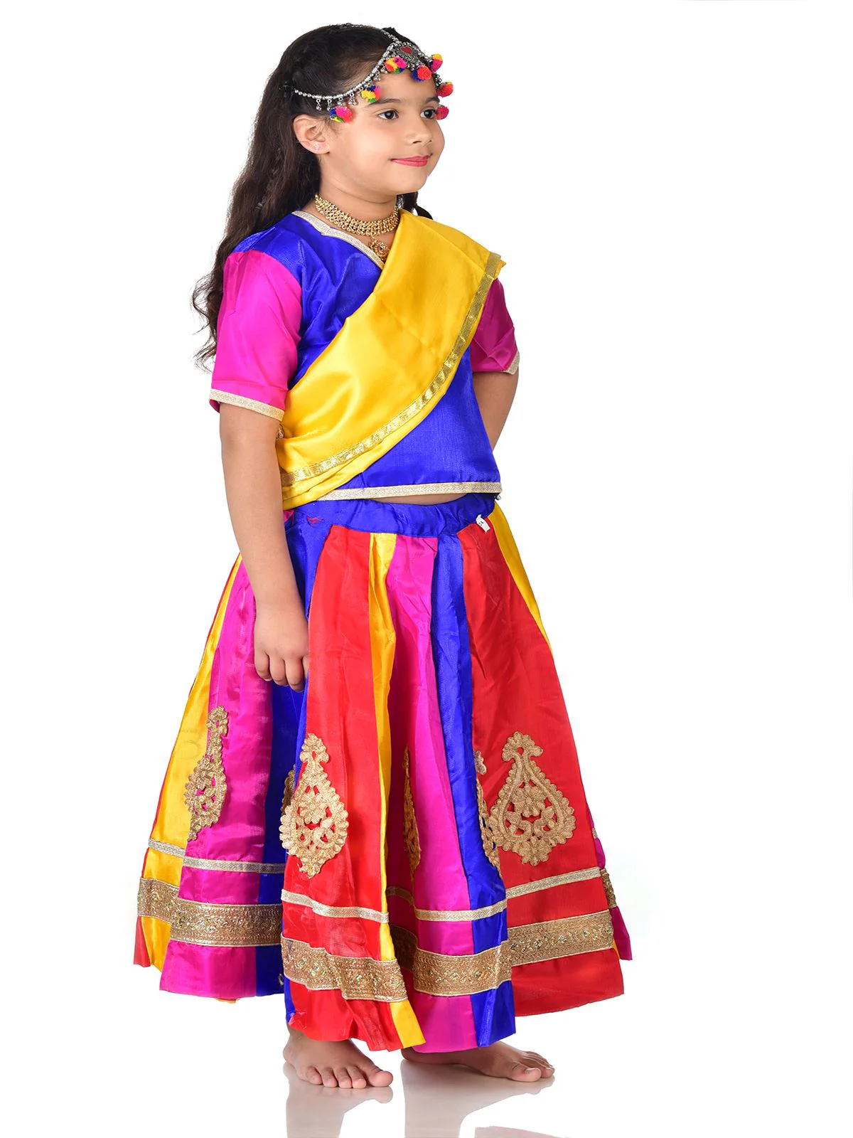 Radha Garba Lehenga Choli Kids Fancy Dress Costume for Girls with Jewellery - Premium - Multicolor - Image 2