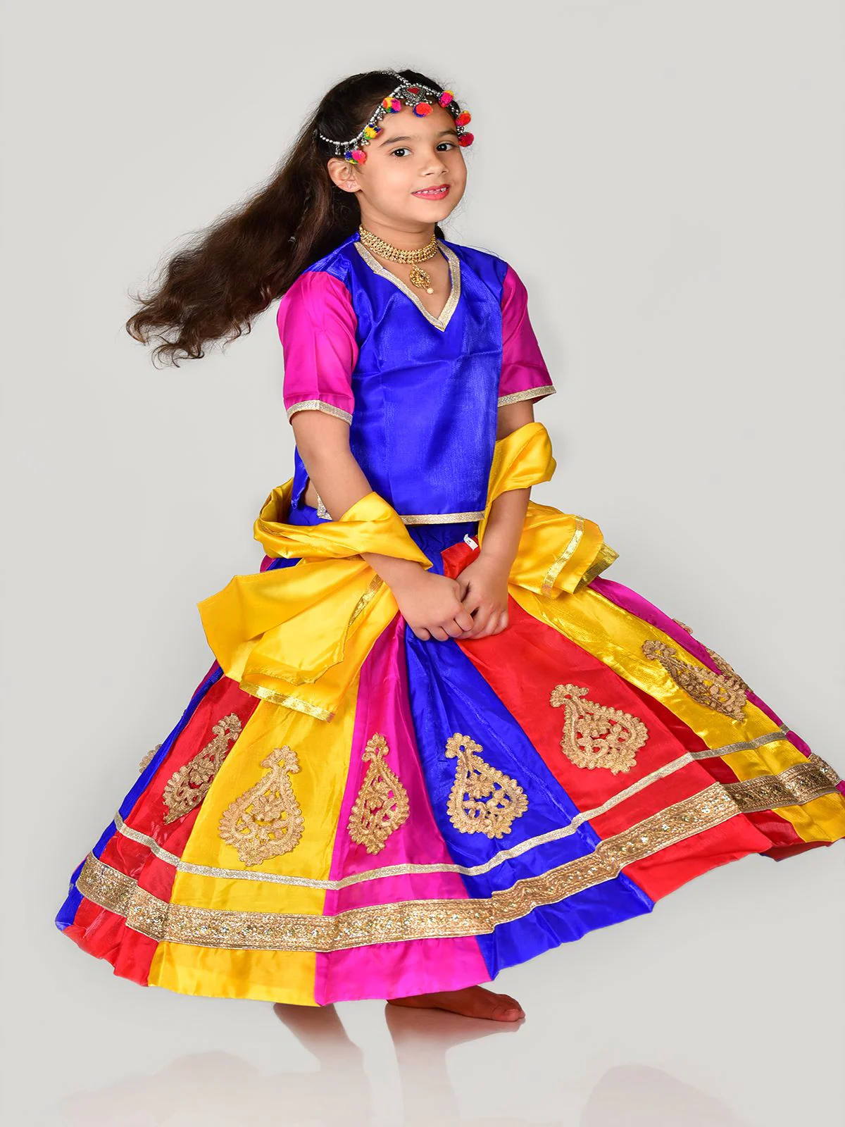 Radha Garba Lehenga Choli Kids Fancy Dress Costume for Girls with Jewellery - Premium - Multicolor - Image 5