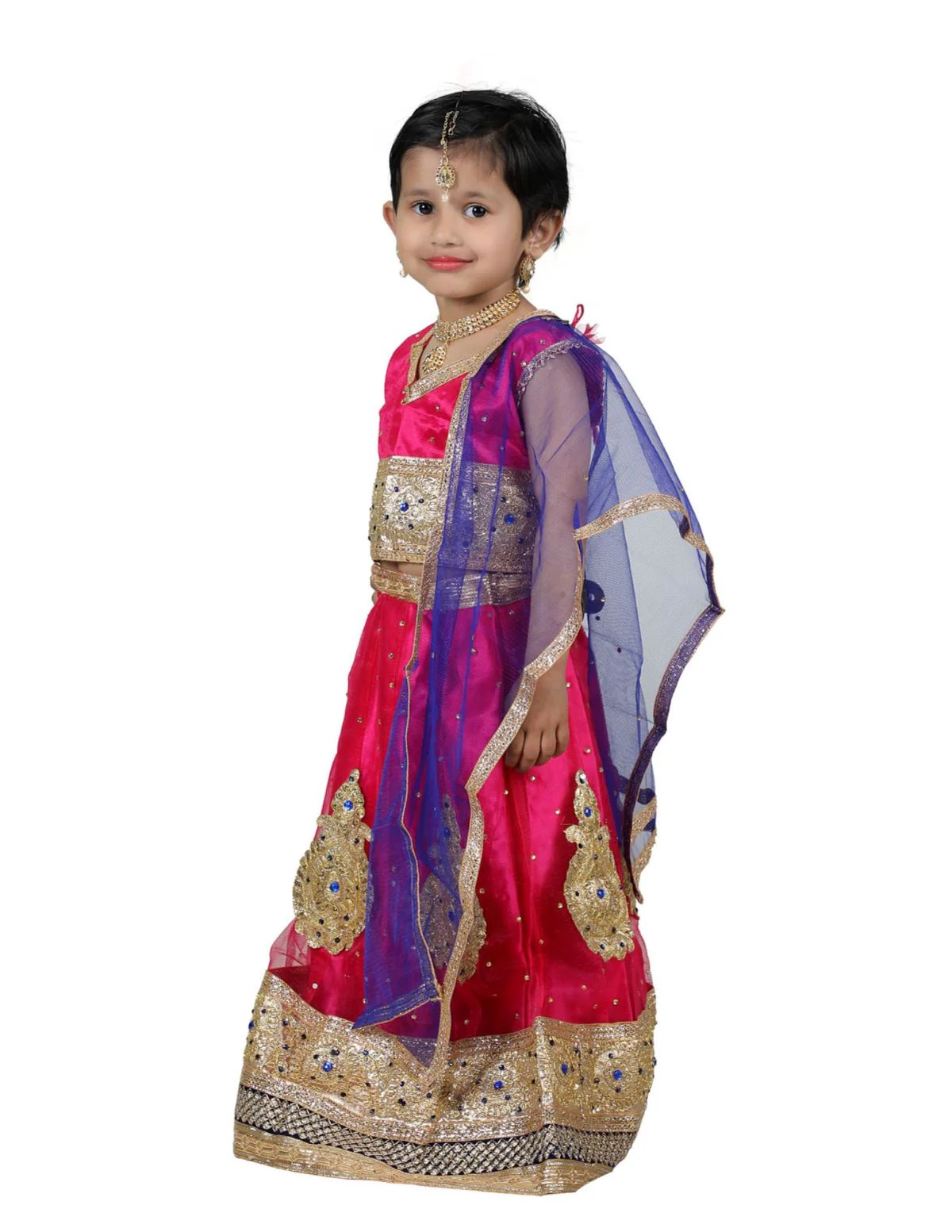 Radha Garba Lehenga Choli Girls Fancy Dress Costume for Girls with Jewellery - Premium - Pink - Image 4