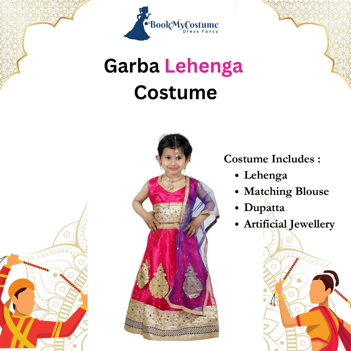 Radha Garba Lehenga Choli Girls Fancy Dress Costume for Girls with Jewellery - Premium - Pink - Image 5