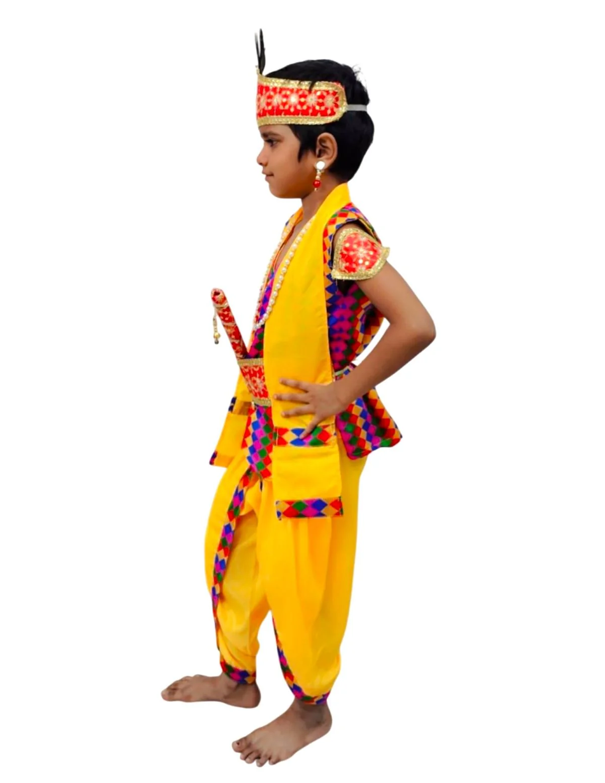 Shri Krishna Multicolor Kids Fancy Dress Costume 8 Pcs Set with Red Accessories - Premium - Image 5